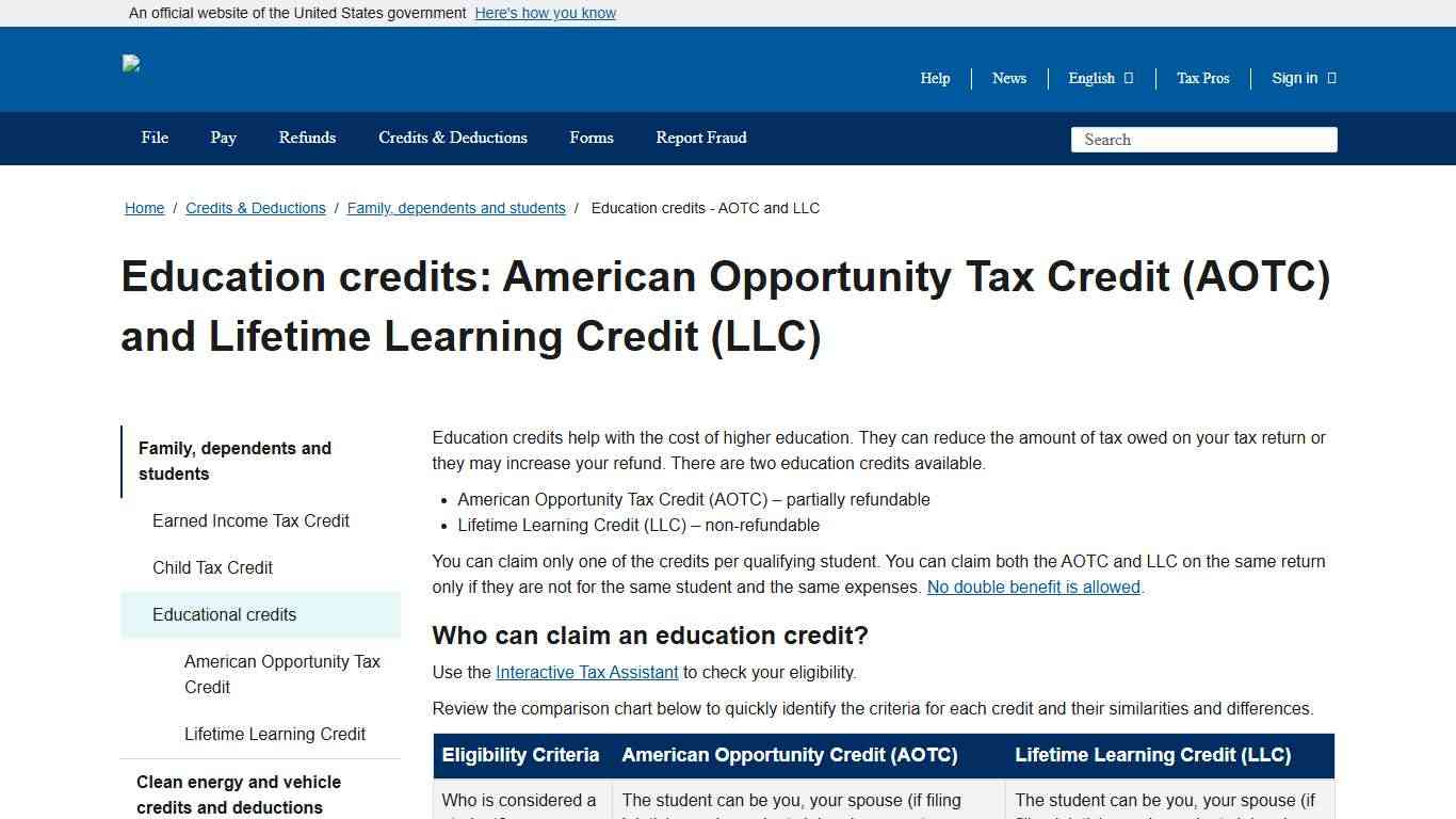 Education credits - AOTC and LLC Internal Revenue Service